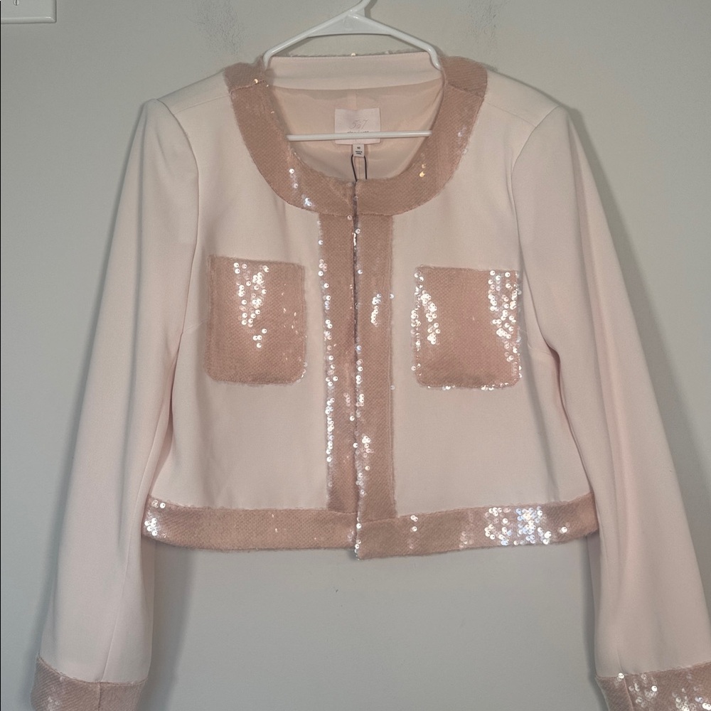 NWT Cinq a Sept Rina Sequin Trim Crop Jacket In Pearl/ Travertine - 10 - Picture 2 of 7